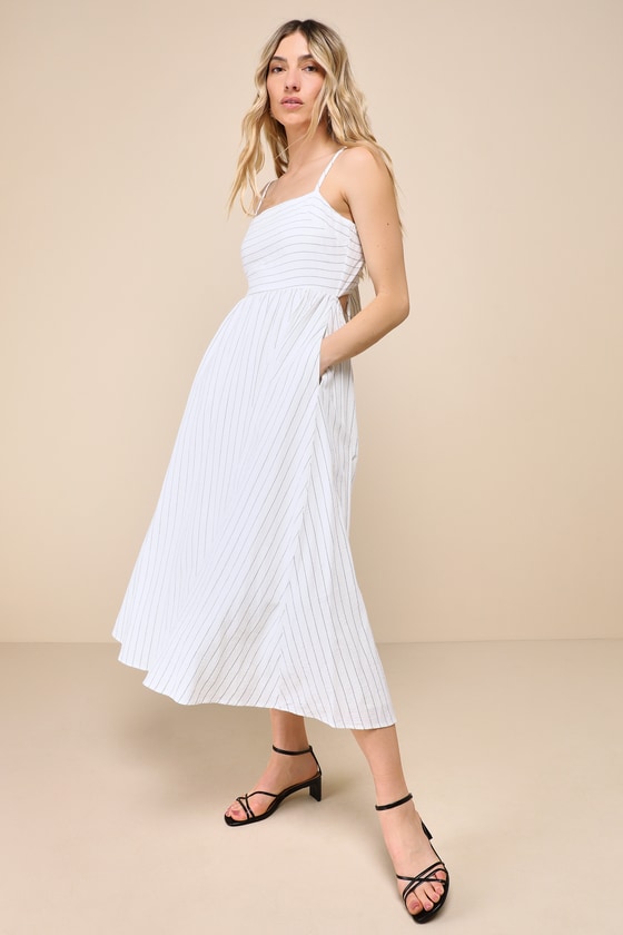 Shop Lulus Feeling The Best White Striped Tie-back Midi Dress With Pockets