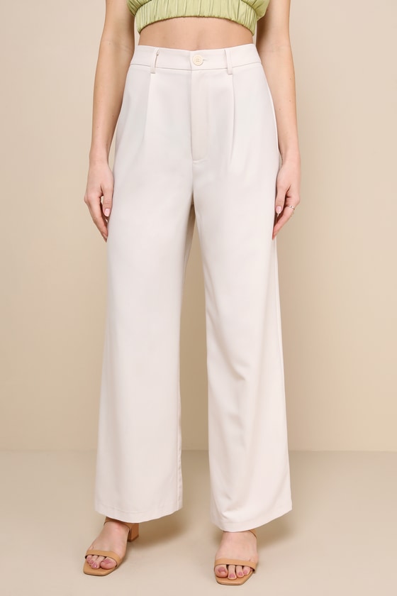 Totally Sophisticated Beige High-Rise Wide-Leg Trouser Pants 3