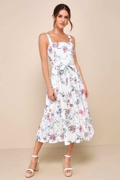 Ivory Floral Tiered Dress - Bustier Dress - Tie-Strap Midi Dress - Lulus