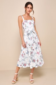 Sunny Posture Ivory Floral Sleeveless Midi Dress With Pockets