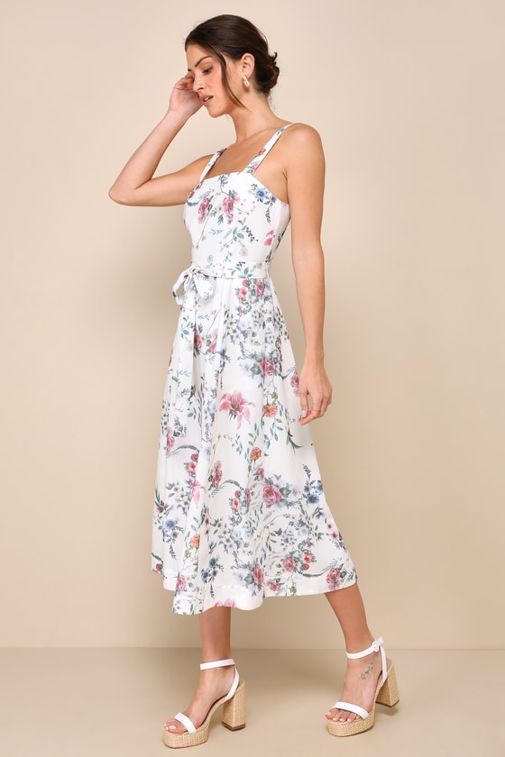Lulus Sunny Posture Ivory Floral Sleeveless Midi Dress With Pockets In Ivory