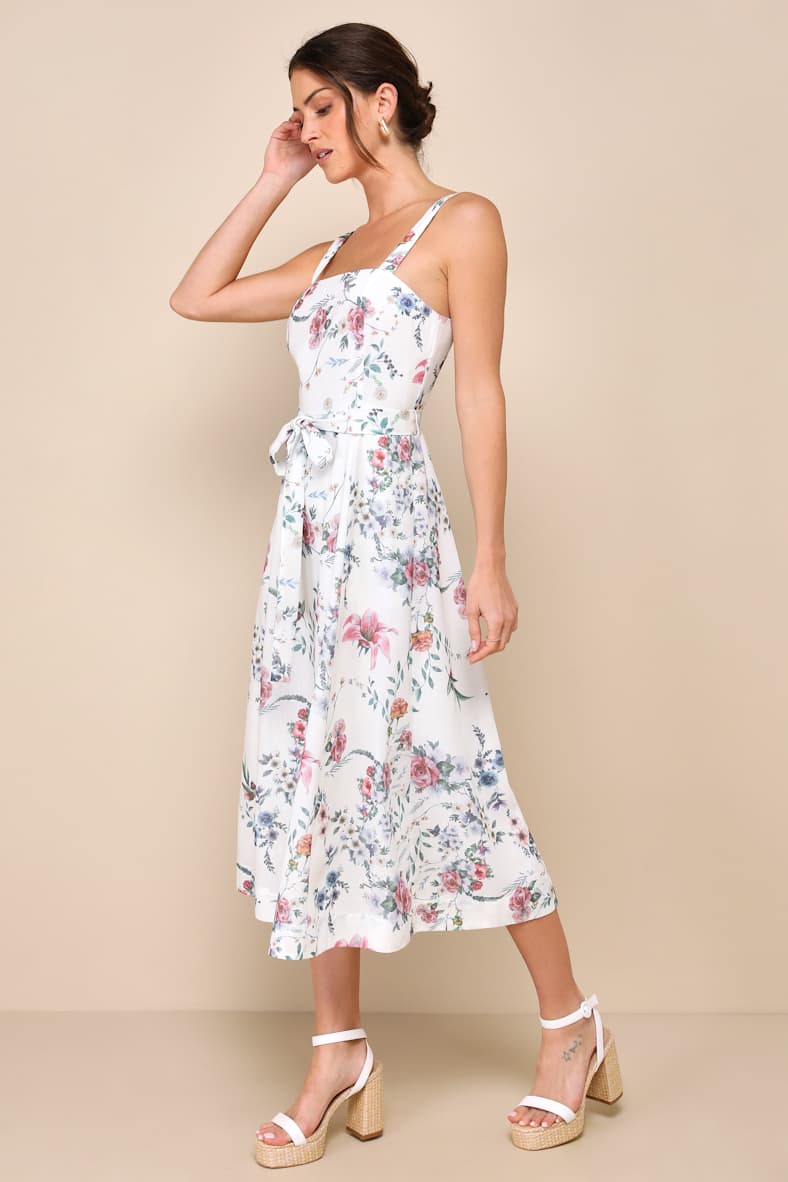Sunny Posture Ivory Floral Sleeveless Midi Dress With Pockets