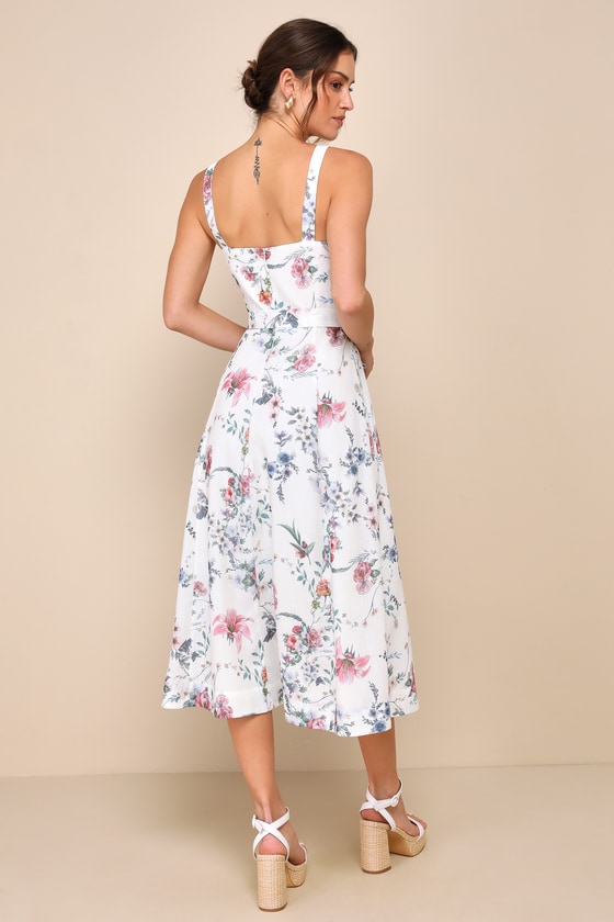 Lulus Sunny Posture Ivory Floral Sleeveless Midi Dress With Pockets In Ivory