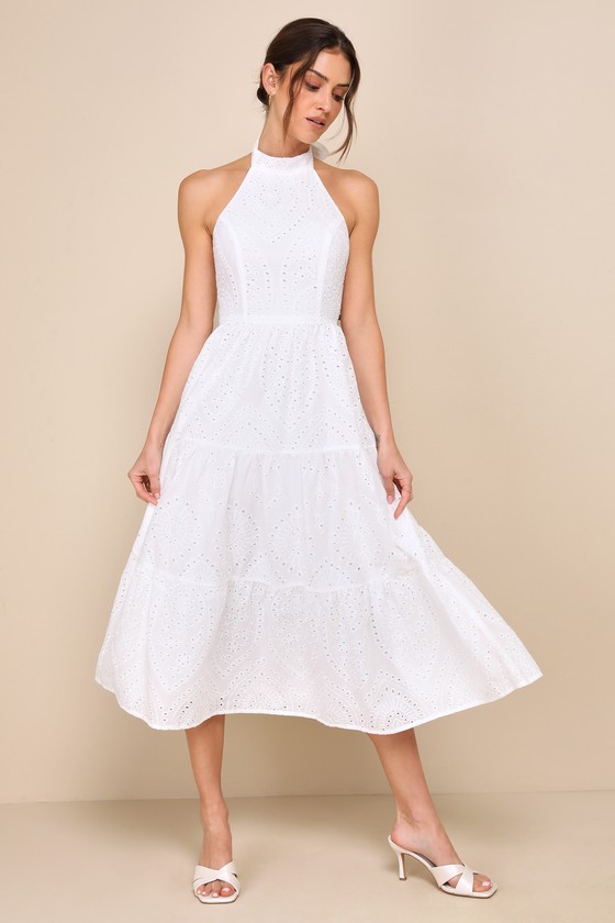 White Eyelet Embroidered Dress - Halter Dress - Tiered Midi Dress - Lulus