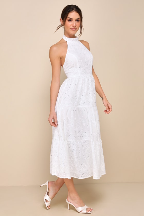 Lulus Sunny Perception White Eyelet Embroidered Halter Midi Dress In White