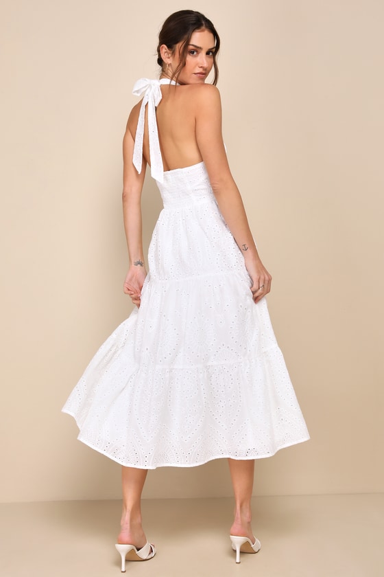 Lulus Sunny Perception White Eyelet Embroidered Halter Midi Dress In White