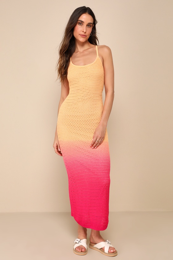 Lulus Sunset Beauty Orange And Pink Ombre Crochet Knit Midi Dress