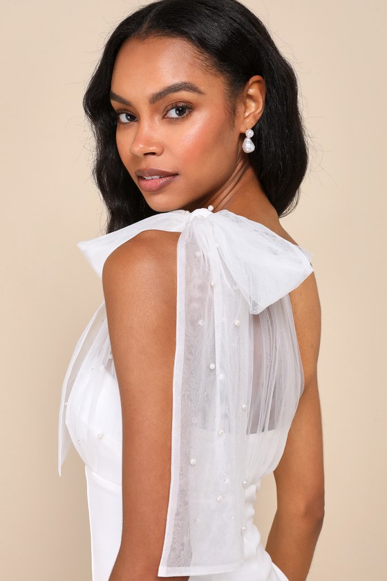 LULUS ELEGANT INDICATION IVORY MESH PEARL ONE-SHOULDER MIDI DRESS