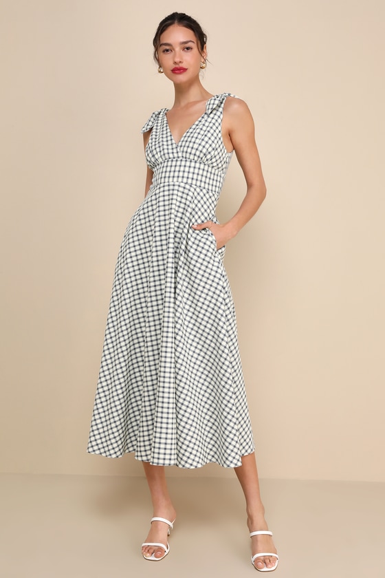 Lulus Sweetest Posture Navy And Cream Gingham Midi Dress With Pockets