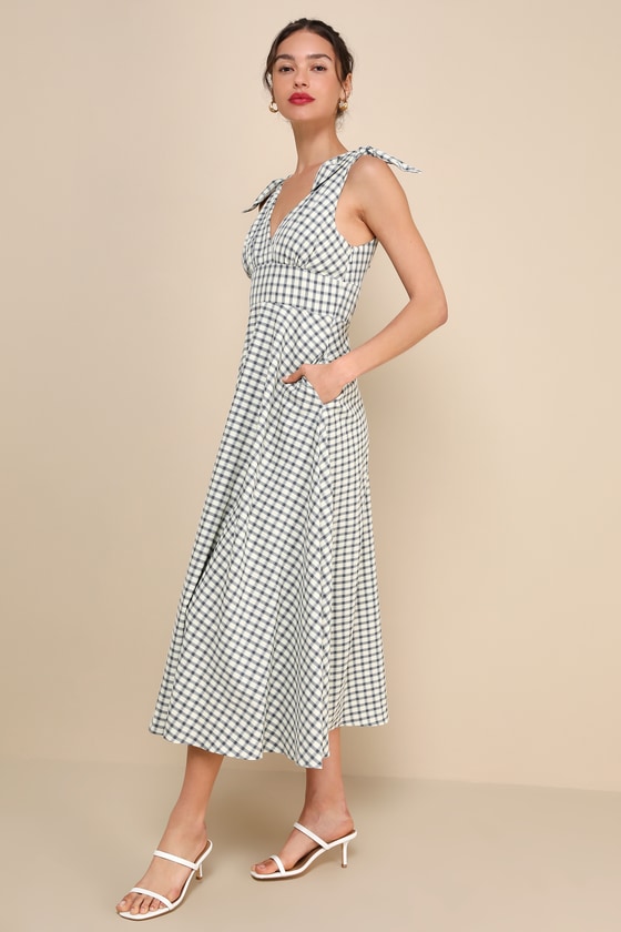 Lulus Sweetest Posture Navy And Cream Gingham Midi Dress With Pockets In Navy