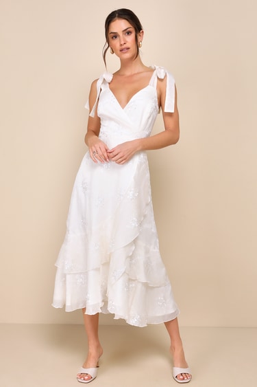 Elegant Direction Ivory Embroidered Ruffled Tie-Strap Midi Dress