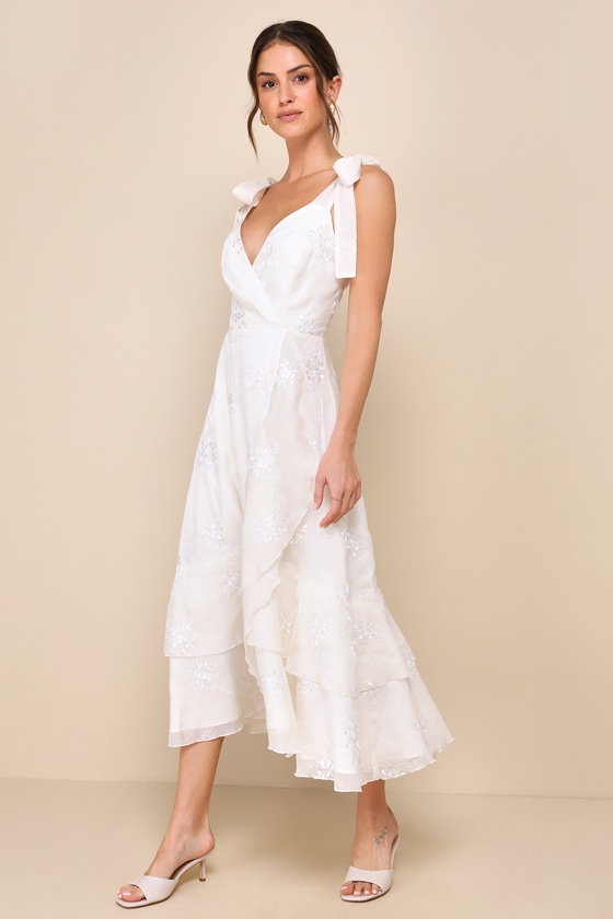 Lulus Elegant Direction Ivory Embroidered Ruffled Tie-strap Midi Dress In Ivory