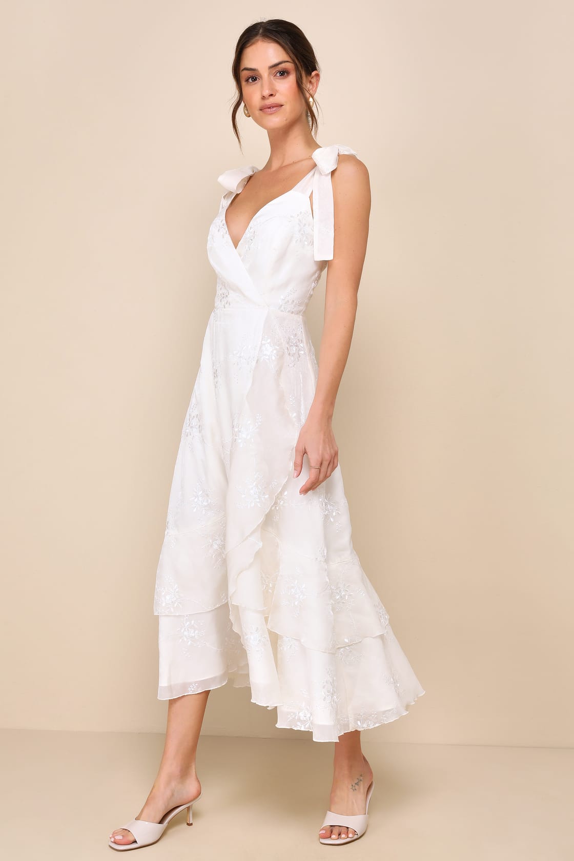 Elegant Direction Ivory Embroidered Ruffled Tie-Strap Midi Dress