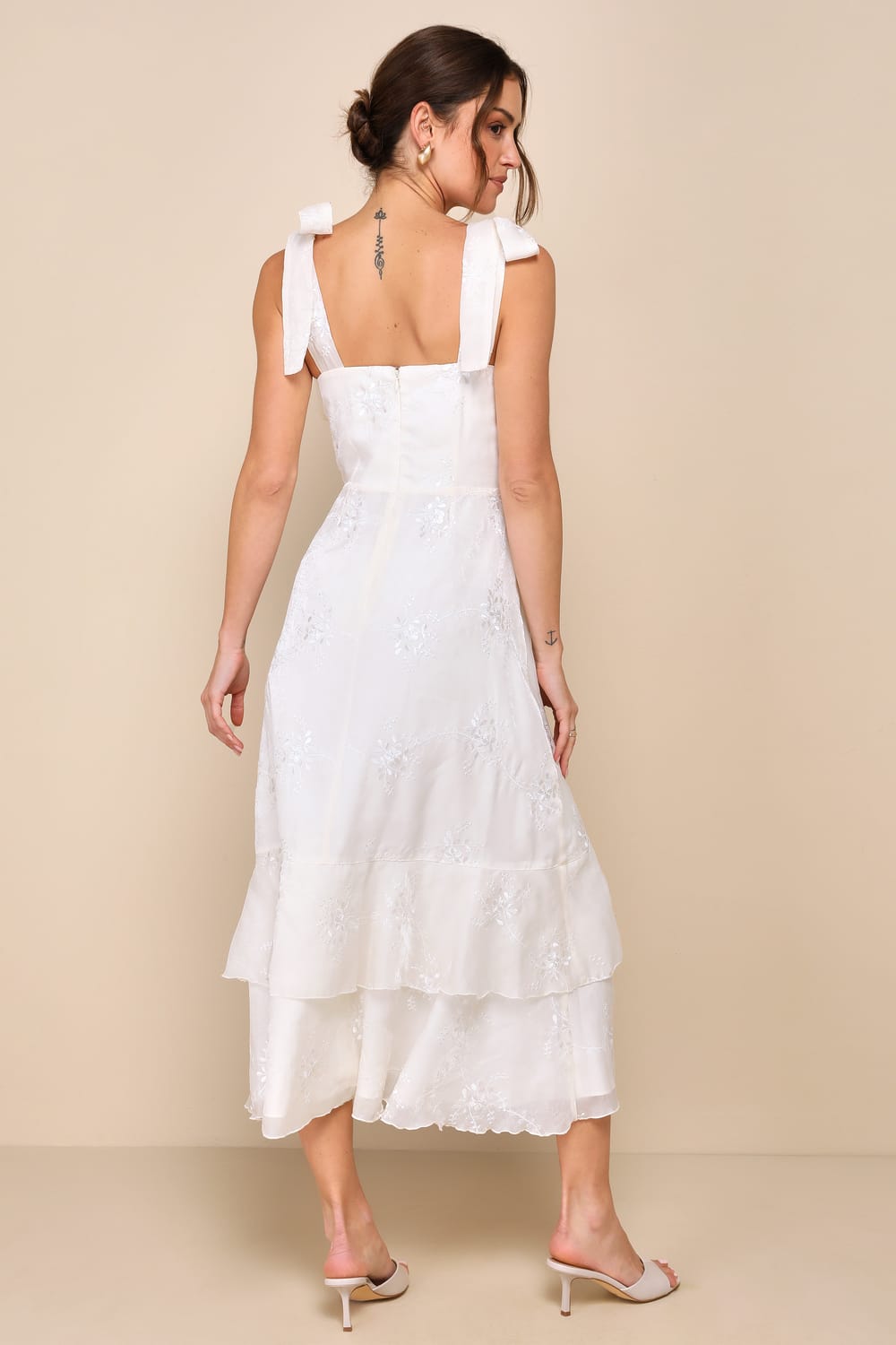 Elegant Direction Ivory Embroidered Ruffled Tie-Strap Midi Dress