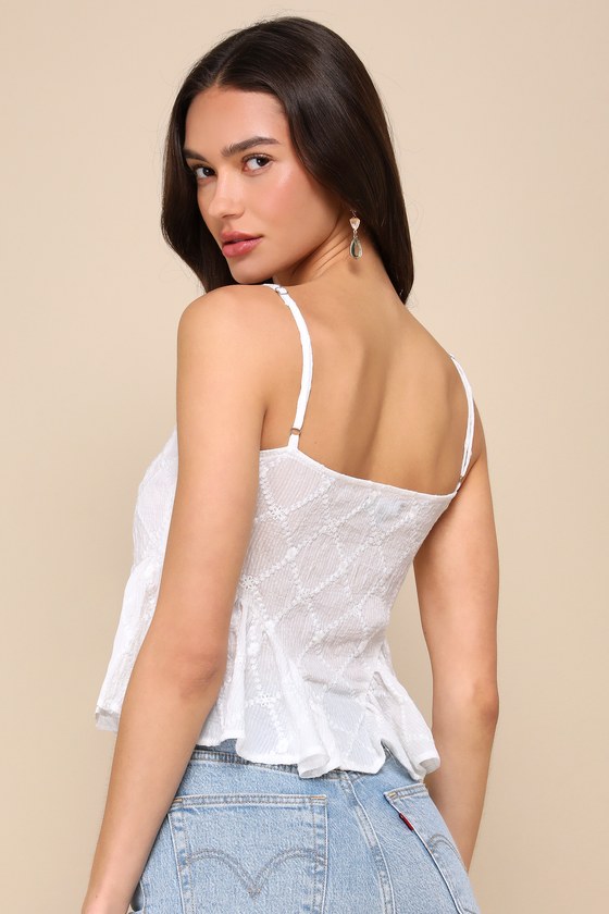 Flirtatious Delight White Embroidered Ruffled Bustier Tank Top 2