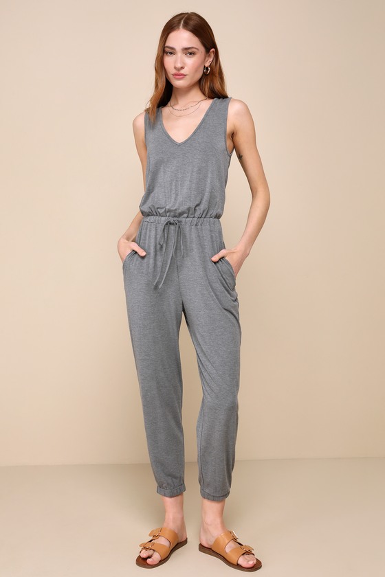 Shop Lulus Positively Comfy Grey Sleeveless Drawstring Lounge Jumpsuit