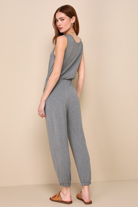 Shop Lulus Positively Comfy Grey Sleeveless Drawstring Lounge Jumpsuit