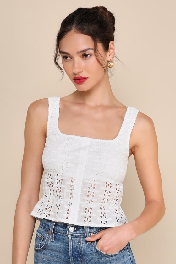 White Eyelet Top - Embroidered Sleeveless Top - Elastic Tank Top - Lulus