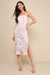 Bold Botanicals Pink Floral Embroidered Strapless Midi Dress 1