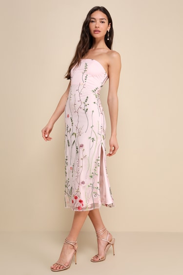 Bold Botanicals Pink Floral Embroidered Strapless Midi Dress