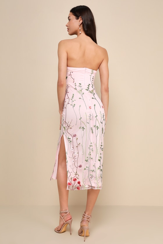 Lulus Bold Botanicals Pink Floral Embroidered Strapless Midi Dress In Pink