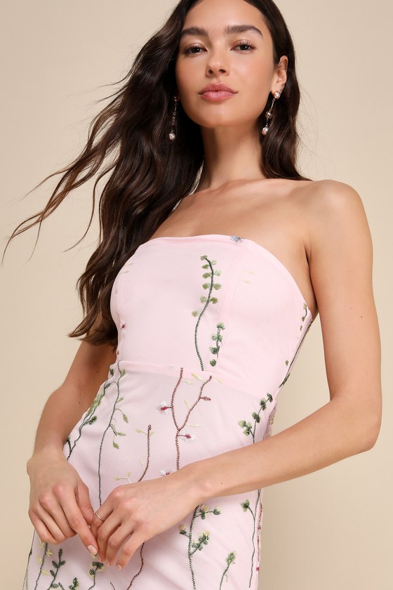 Lulus Bold Botanicals Pink Floral Embroidered Strapless Midi Dress In Pink