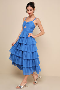 Poised Impression Blue Tiered Ruffled Cutout Midi Dress