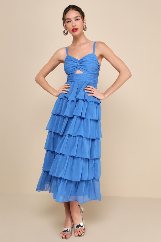 Lulus Poised Impression Blue Tiered Ruffled Cutout Midi Dress In Blue