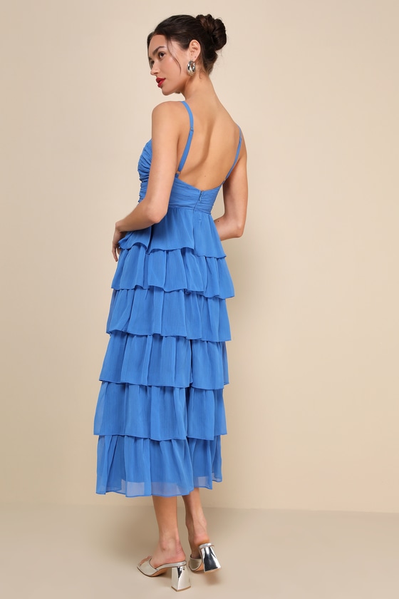 Lulus Poised Impression Blue Tiered Ruffled Cutout Midi Dress In Blue