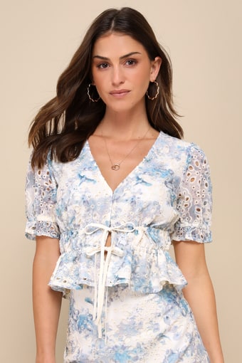 Positively Beloved Ivory Floral Embroidered Tie-Front Top