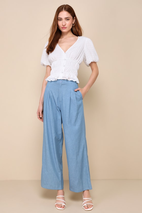 Perfectly Versatile Blue Chambray High Rise Wide-Leg Pants 3