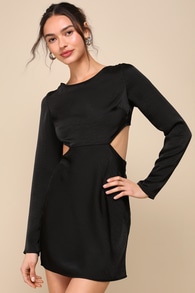 Rooftop Soiree Black Satin Long Sleeve Backless Mini Dress