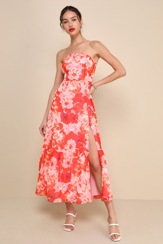 Lulus Bright Perspective Orange And Pink Floral Strapless Midi Dress In Orange