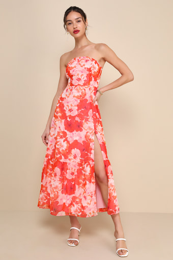 Bright Perspective Orange and Pink Floral Strapless Midi Dress