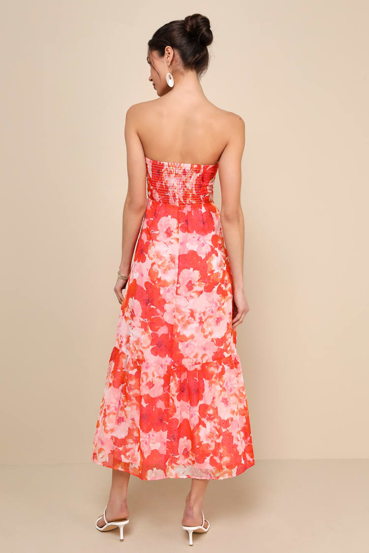 Orange and Pink Floral Dress - Strapless Midi Dress - Cute Dress - Lulus