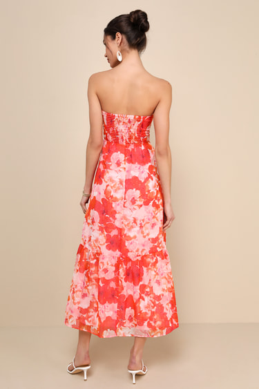 Bright Perspective Orange and Pink Floral Strapless Midi Dress