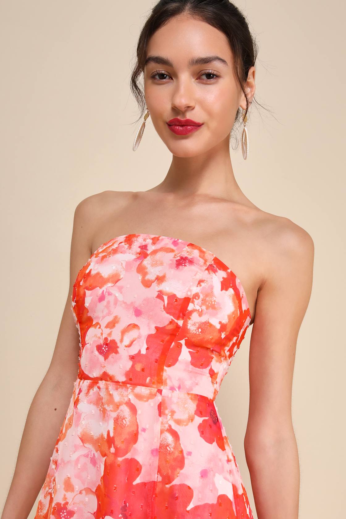 Bright Perspective Orange and Pink Floral Strapless Midi Dress