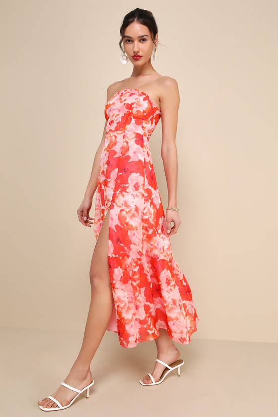 Lulus Bright Perspective Orange And Pink Floral Strapless Midi Dress In Orange