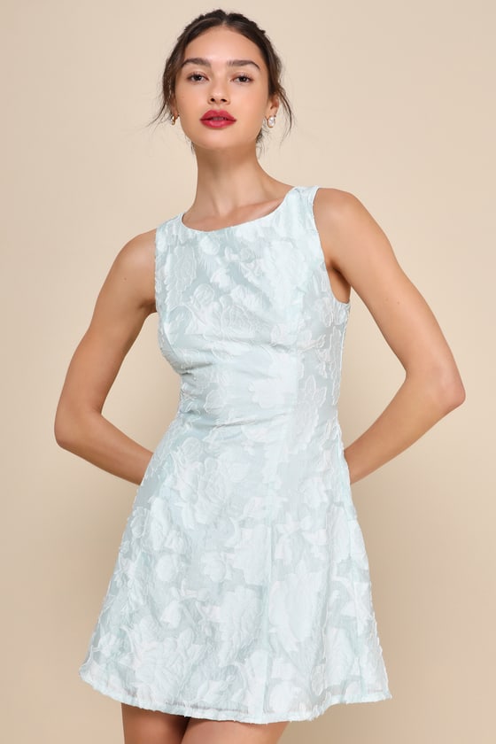 Shop Lulus Exquisite Moments Mint Floral Jacquard Sleeveless Mini Dress In Blue