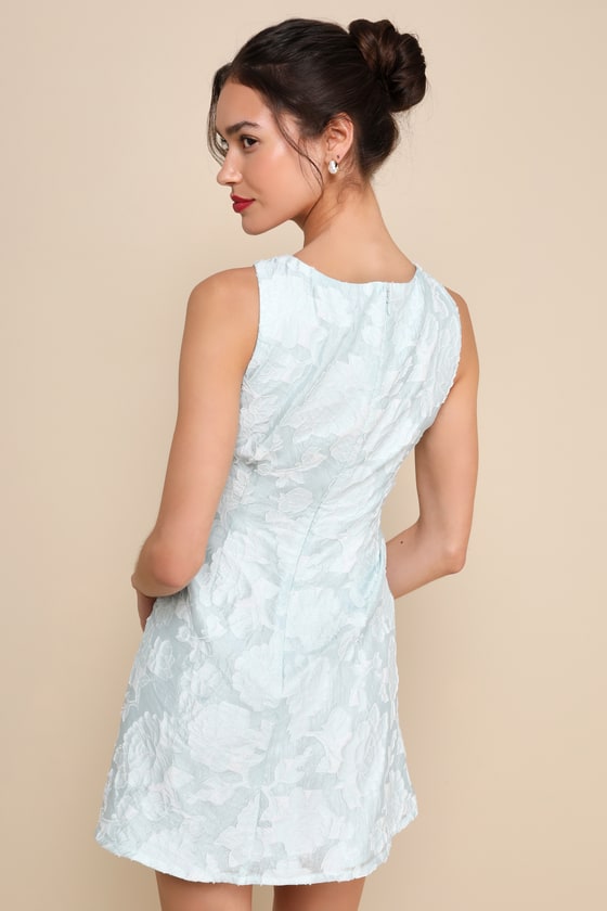 Shop Lulus Exquisite Moments Mint Floral Jacquard Sleeveless Mini Dress In Blue