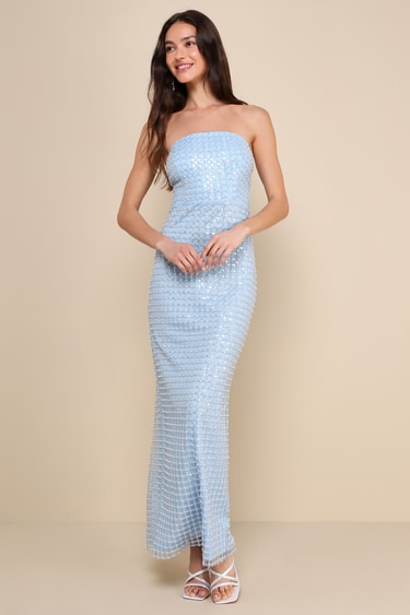 Light Blue Pearl Dress Strapless Maxi Dress Pearl Maxi Dress - Main Image