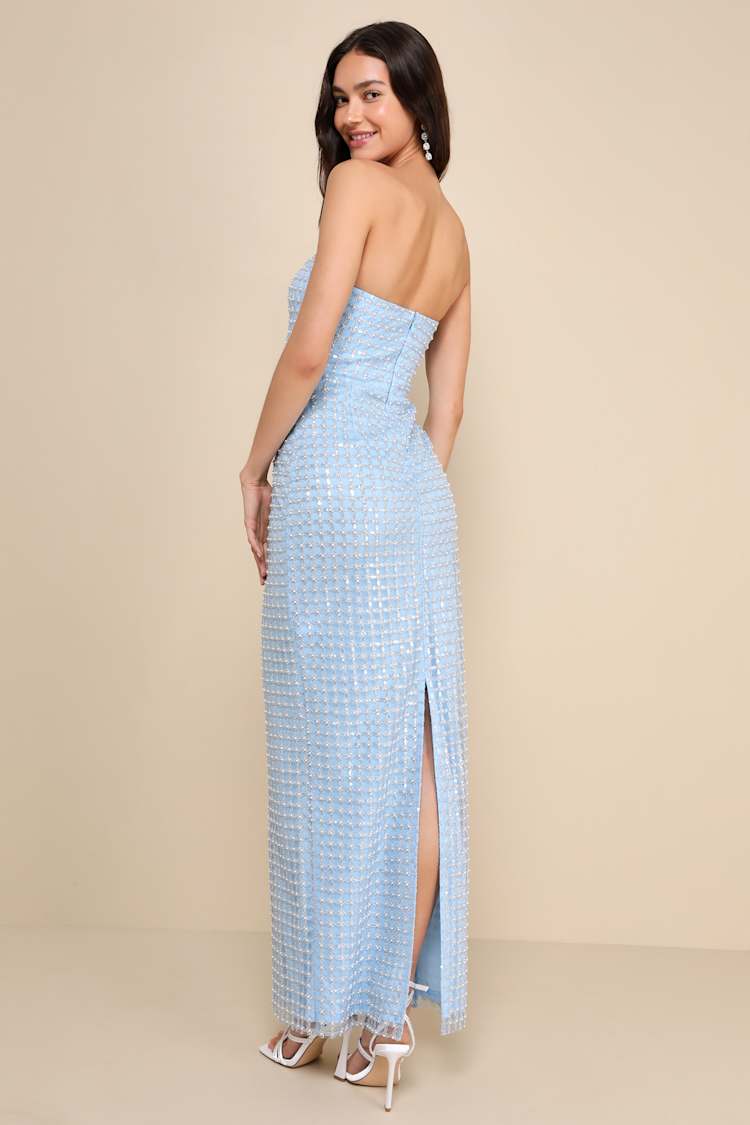 Perfectly Luxurious Light Blue Pearl Strapless Maxi Dress
