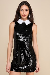 Poised Effect Black Sequin Sleeveless Collared Mini Dress