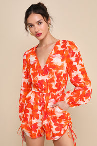 Sunny Demeanor Orange Floral Linen Long Sleeve Drawstring Romper