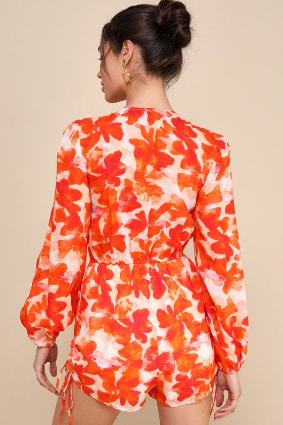 LULUS SUNNY DEMEANOR ORANGE FLORAL LINEN LONG SLEEVE DRAWSTRING ROMPER 