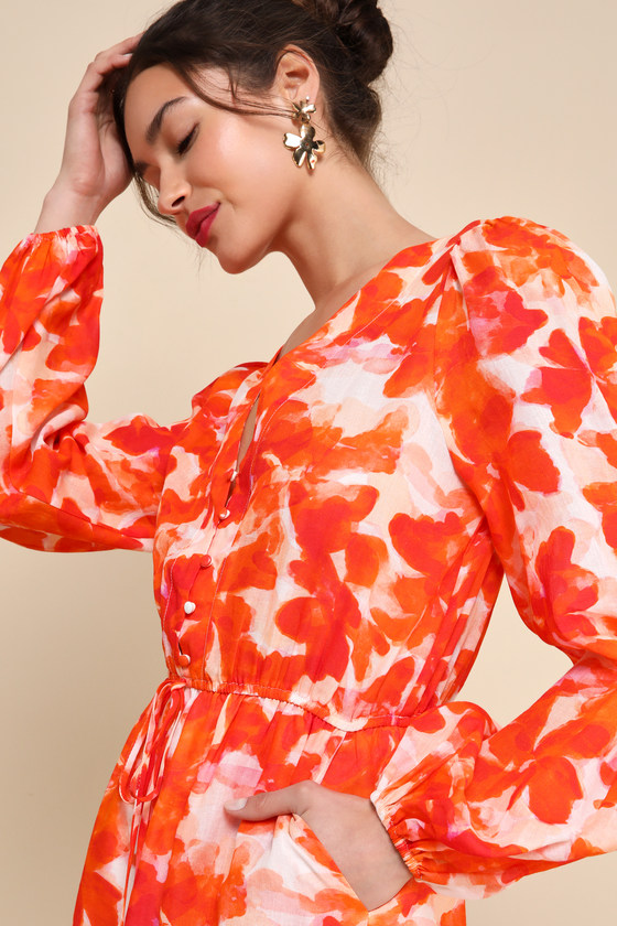 LULUS SUNNY DEMEANOR ORANGE FLORAL LINEN LONG SLEEVE DRAWSTRING ROMPER 