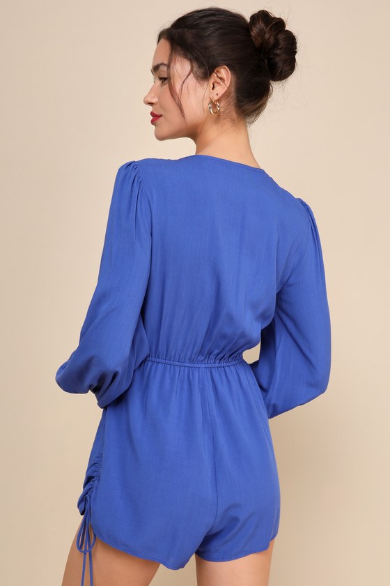 Effortless Excursion Royal Blue Long Sleeve Drawstring Romper 2