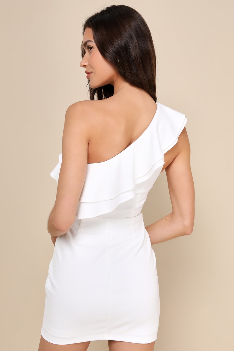 Enticing Behavior White Ruffled One-Shoulder Mini Dress