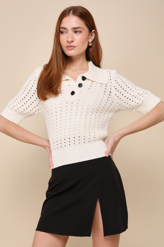 Lulus Sophisticated Type Ivory Pointelle Collared Short Sleeve Sweater