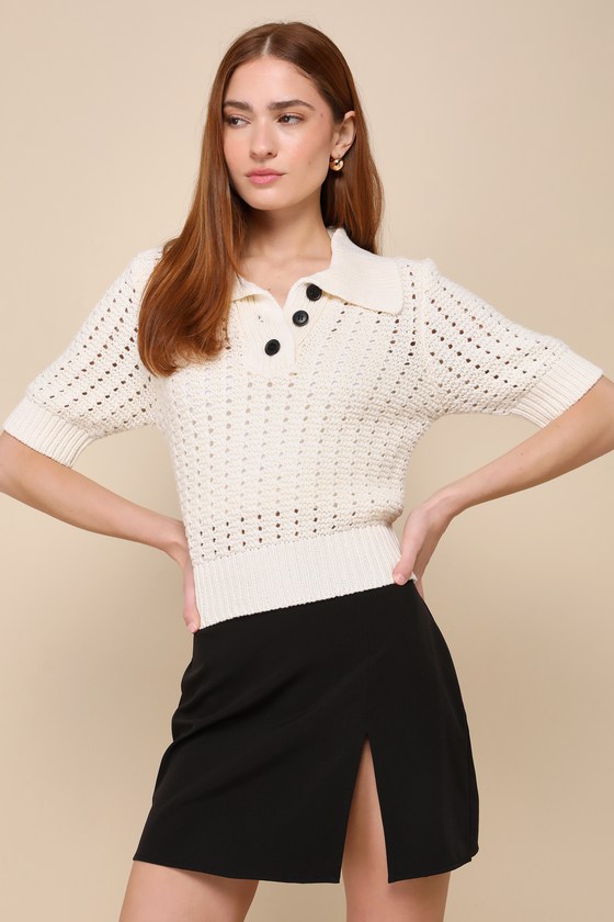 Ivory Pointelle Top - Collared Short Sleeve Sweater - Sweater Top - Lulus